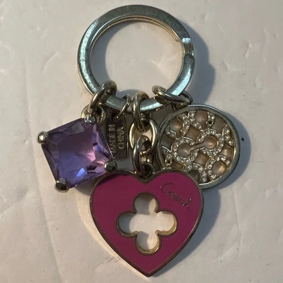 Coach Purple Gemstone Heart Crystal Pave Gold Keychain Fob Vintage